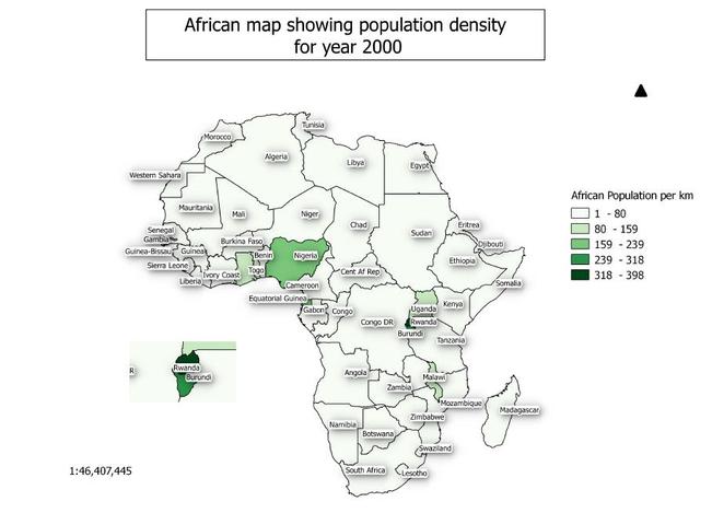 African map showing population density for year 2000