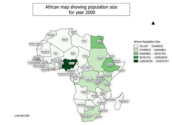 African map showing population size for year 2000